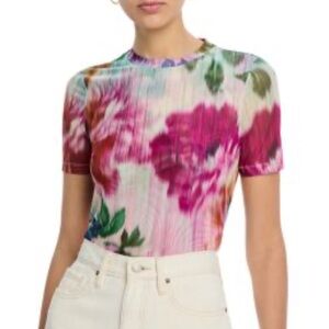 Johnny Was Eleanor Crewneck Floral-Print Mesh Tee Size S